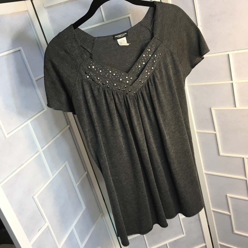 Beautiful grey blouse with beaded neckline